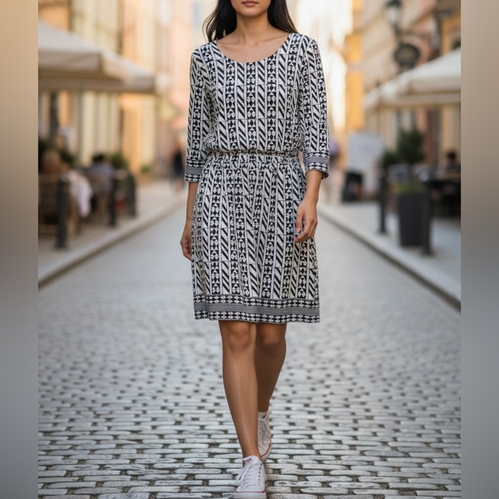 Madewell Black and White Geometric Long Sleeve Dress 100% Silk Size 6